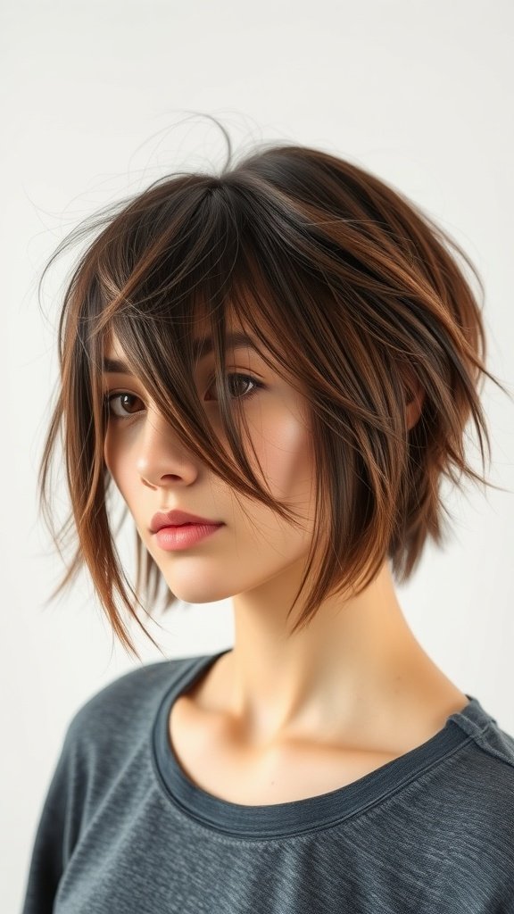 A young woman with tousled mid-length shag haircut and side bangs, looking stylish and confident.