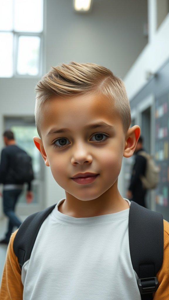 A young boy with a two-tone buzz cut, featuring a clean buzz on the sides and a longer top, smiling in a school hallway.