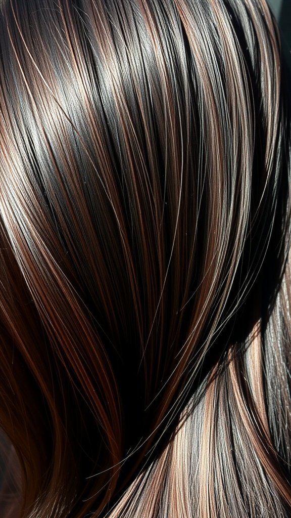 Close-up of dark brown hair with cherry undertones in a balayage style