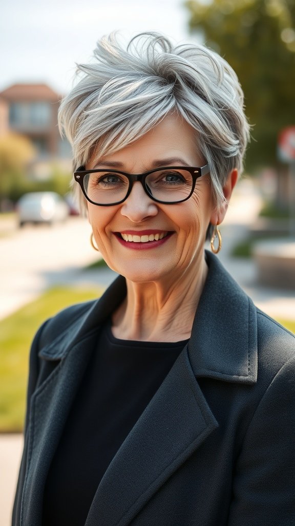 A woman with a voluminous gray pixie hairstyle and highlights, smiling outdoors.