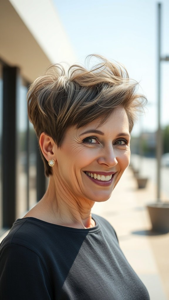 A woman with a voluminous pixie hairstyle featuring subtle highlights, smiling outdoors.