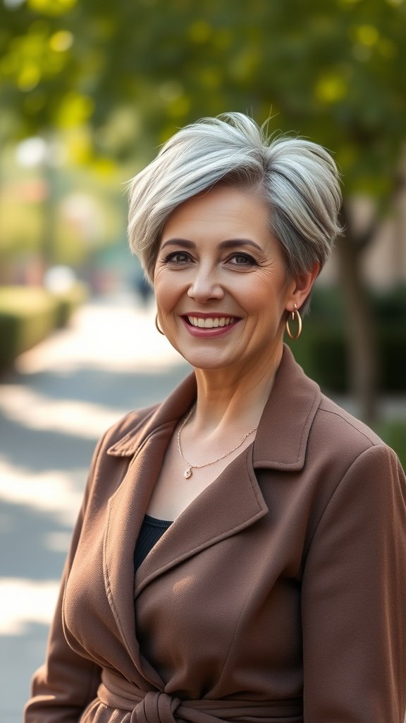 A woman with a voluminous pixie haircut and subtle highlights, smiling outdoors.