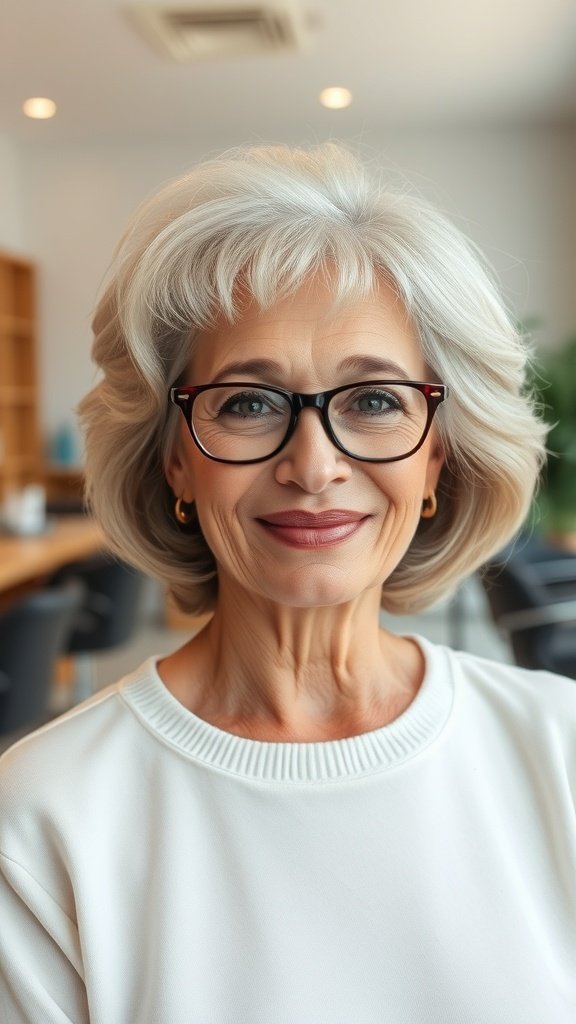 A woman over 70 with voluminous short layers and a soft fringe, wearing glasses, smiling in a bright indoor setting.