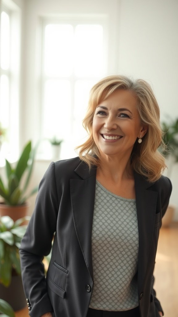 A woman with wavy mid-length hair and feathered bangs, smiling in a bright indoor setting.