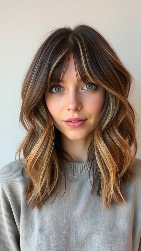 A woman with wavy shag hairstyle and side-swept bangs, showcasing a stylish and relaxed look.