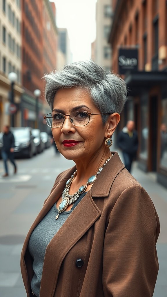 Stylish older woman with a wedge haircut and undercut, wearing a brown blazer and statement jewelry in an urban setting.