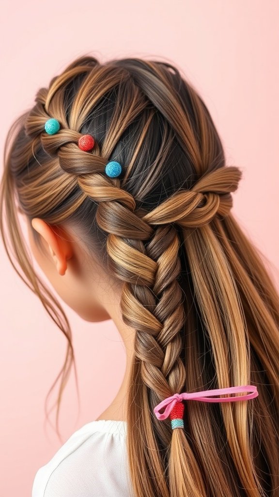 A whimsical fishtail braid hairstyle with colorful hair accessories.