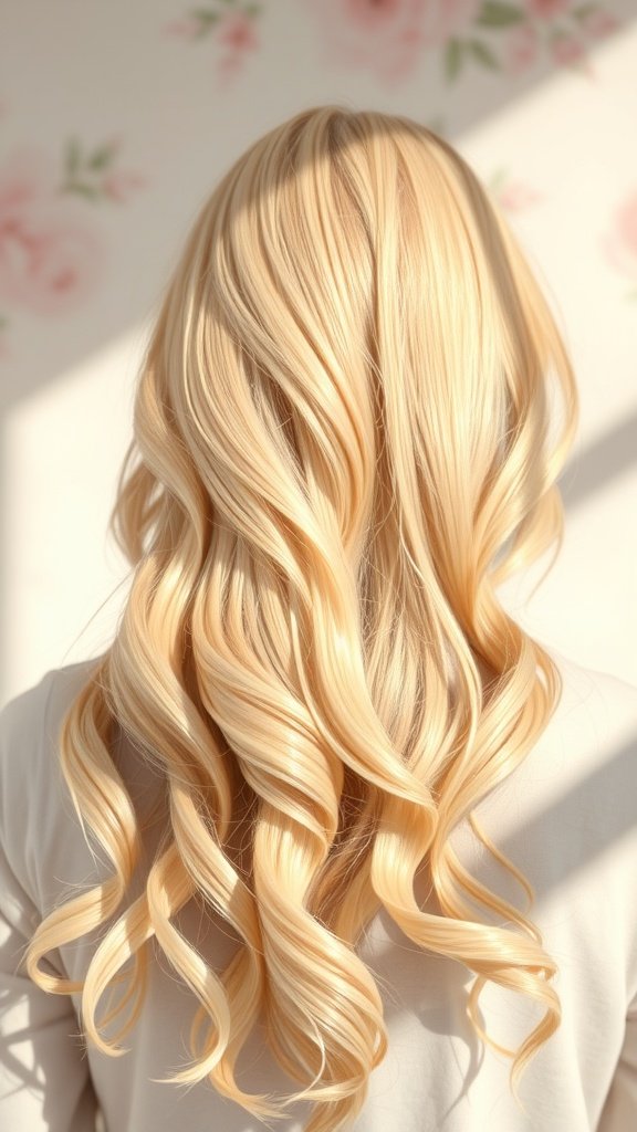 A back view of long, wavy blonde hair styled in a whimsical vanilla cream color.