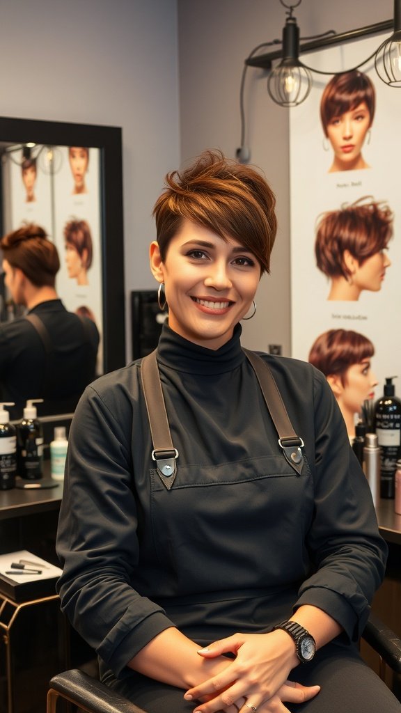 A smiling hair expert in a salon, ready to assist with pixie haircuts.