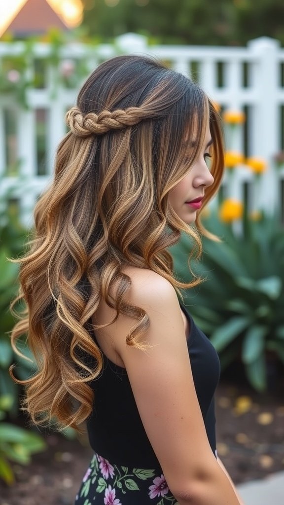 A woman with shoulder-length hair styled in a half-up half-down look, featuring soft curls and a braid.