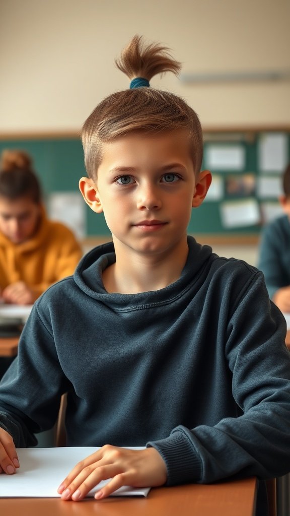 A young boy with a half-up top knot hairstyle sitting at a desk in a classroom.