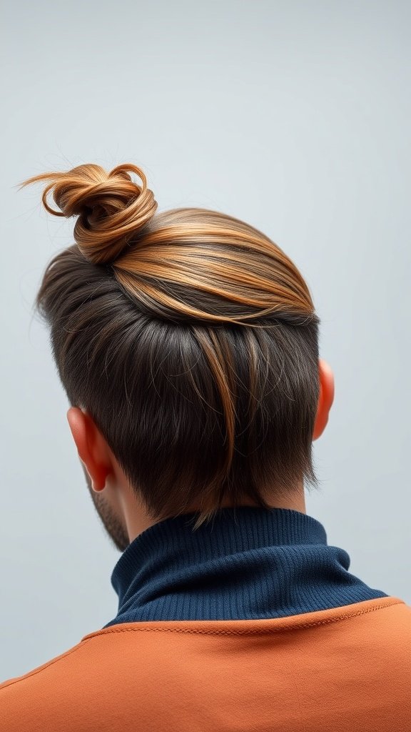 A man with thick hair styled in a half-up top knot, showcasing a casual yet stylish look.