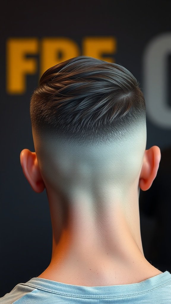 A close-up view of a high and tight fade haircut, showcasing the smooth transition from short sides to longer hair on top.