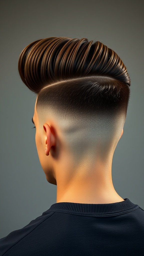 A stylish high fade haircut with a voluminous pompadour on top.