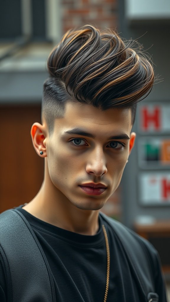 A young man with a high top fade hairstyle, featuring voluminous hair on top and short faded sides.