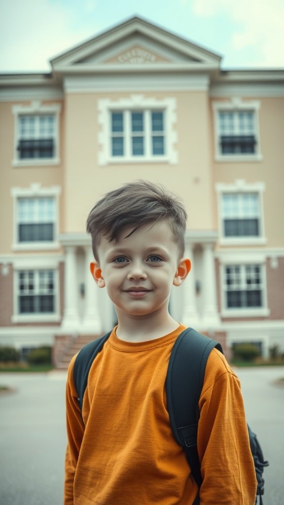 A young boy with an Ivy League haircut, wearing an orange long-sleeve shirt and a backpack, standing in front of a school building.