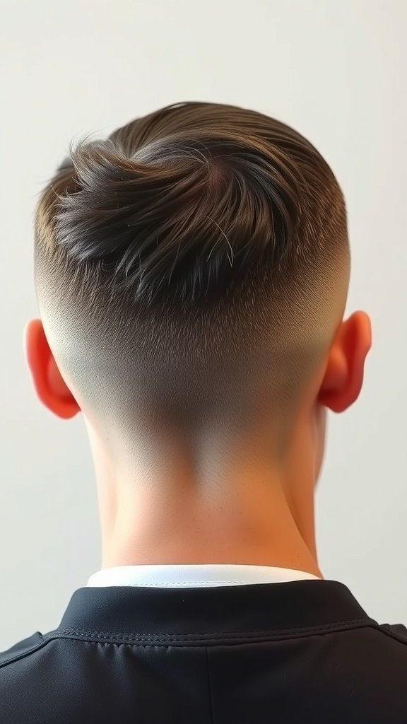 A close-up view of the back of a man's head showcasing an Ivy League haircut with short sides and a longer top.
