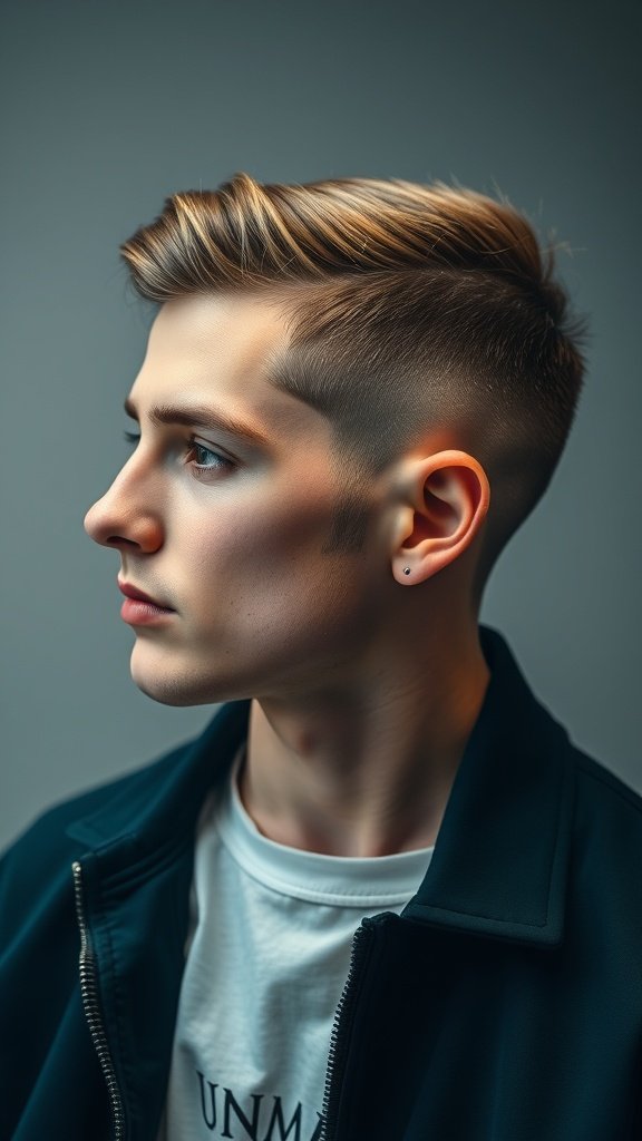 A young man with an Ivy League haircut featuring a low fade, showcasing a clean and stylish look.