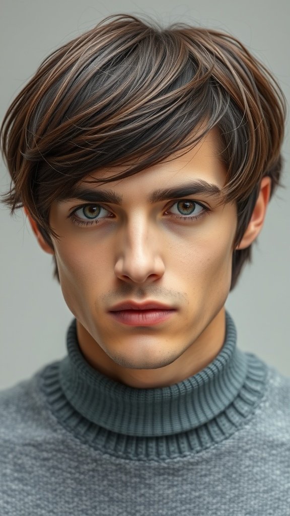 A young man with a layered bob hairstyle, showcasing thick hair styled with soft layers.