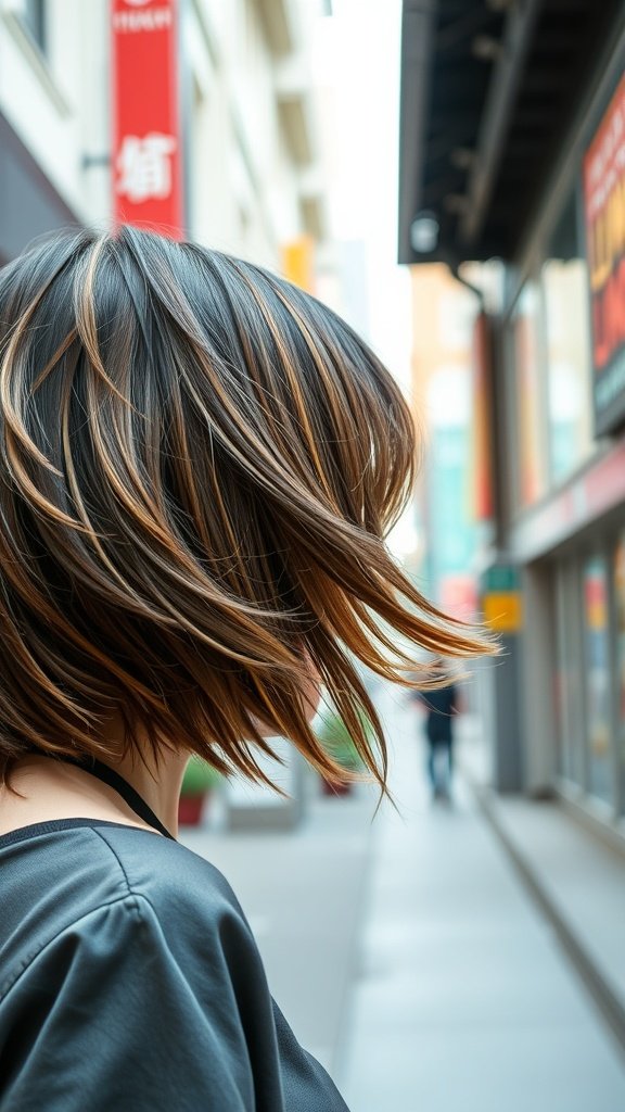 A woman with a layered bob hairstyle and bangs, showcasing movement and texture in her hair.
