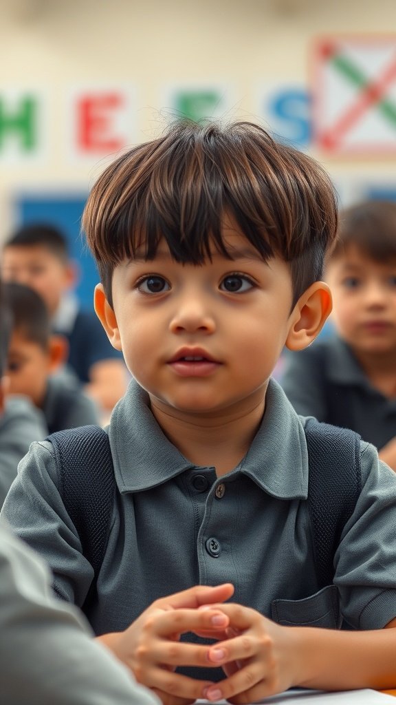 A young boy with a layered haircut and bangs, looking engaged in a classroom setting.