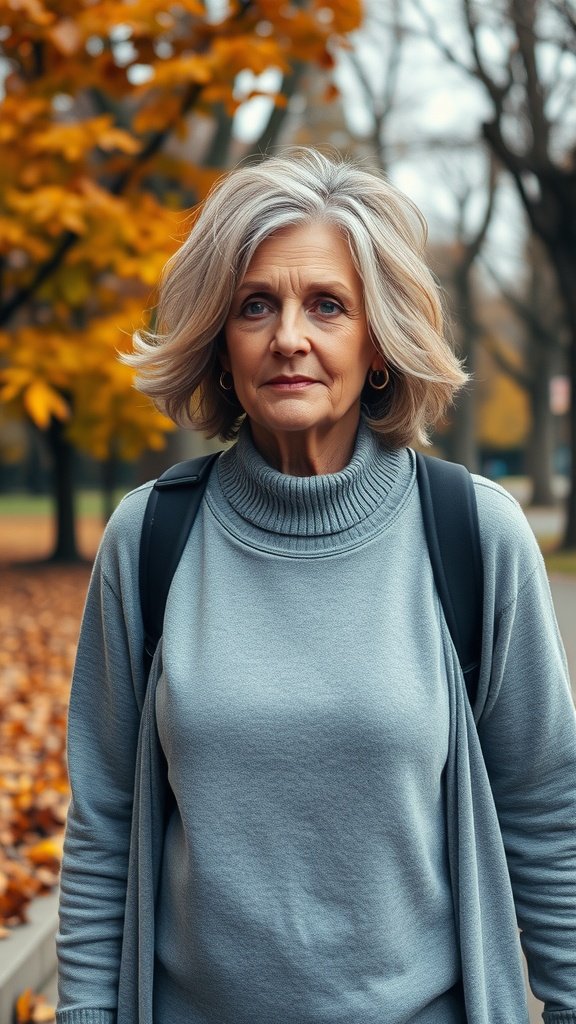 A woman with layered hair, showcasing volume and movement, surrounded by autumn leaves.