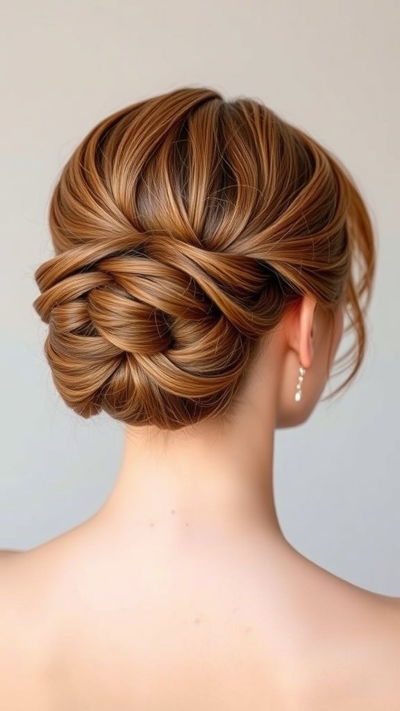A classic updo hairstyle featuring layered hair, elegantly braided and styled.