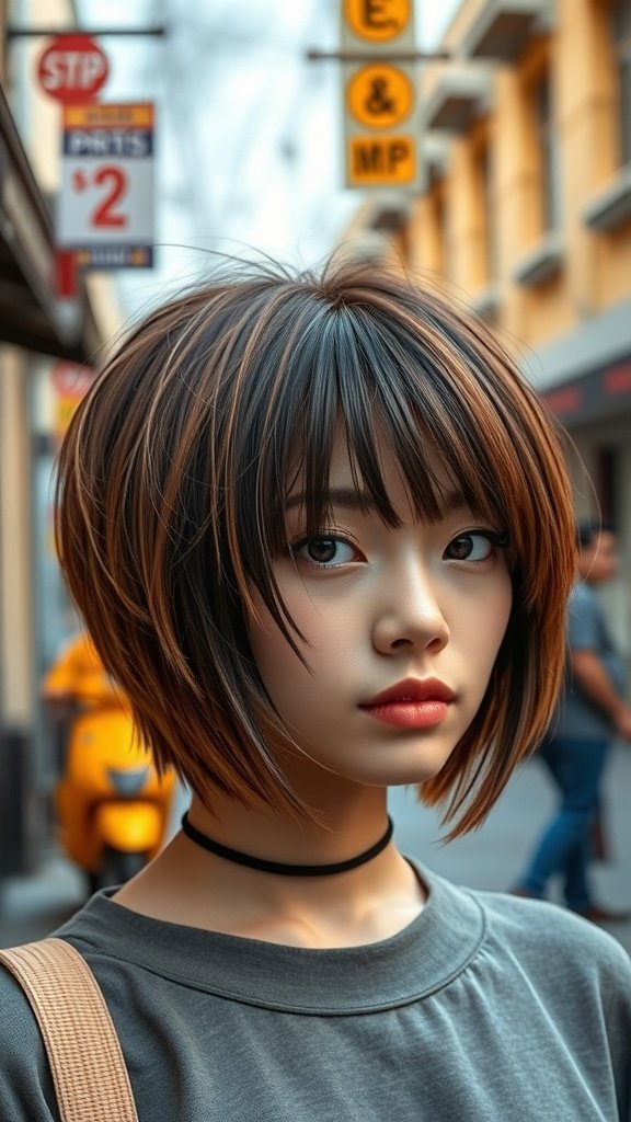 A young woman with a medium-length layered hairstyle and a bold fringe, showcasing a stylish look.