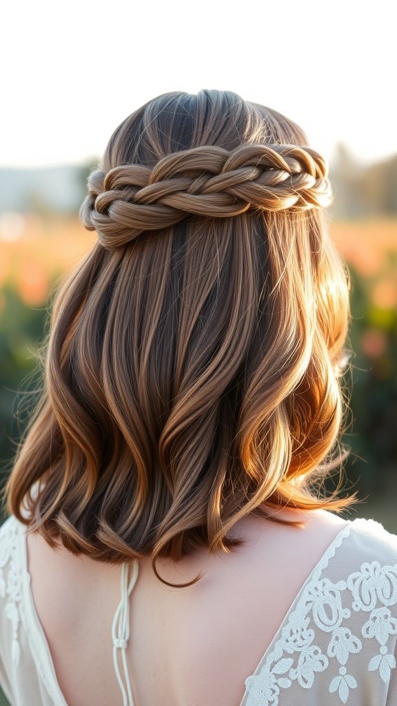 A woman with medium-length layered hair styled in soft waves, adorned with a braided crown.