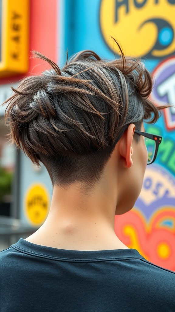 A person with medium-length layered hair styled in a funky twist, showcasing a tapered back and tousled top.