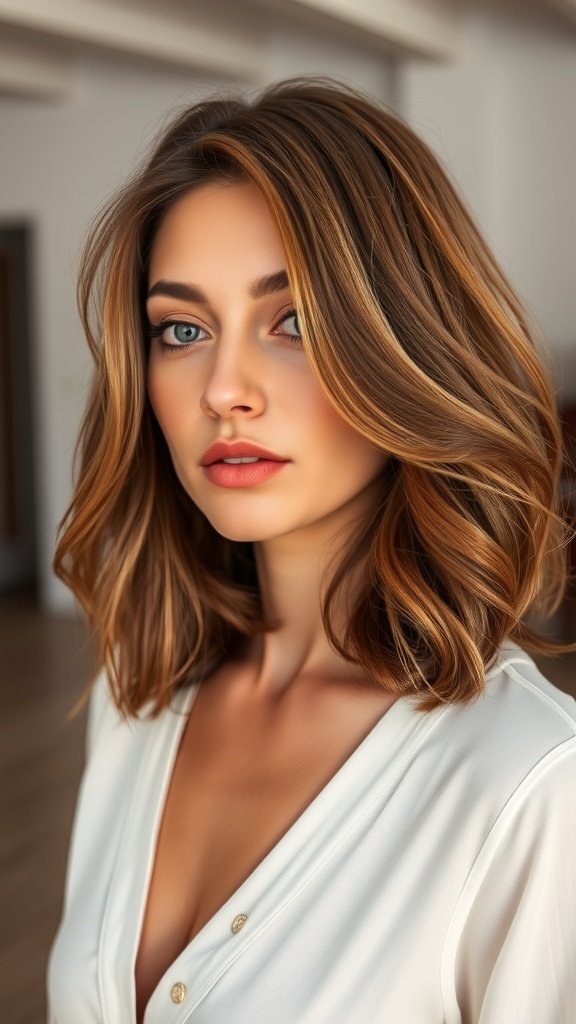 A woman with medium-length layered hair styled with a natural blowout, showcasing warm tones and a soft, effortless look.