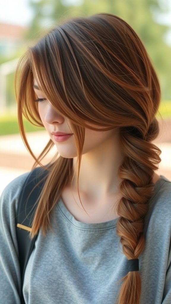 A woman with layered hair styled in a side braid, showcasing a casual and stylish look.