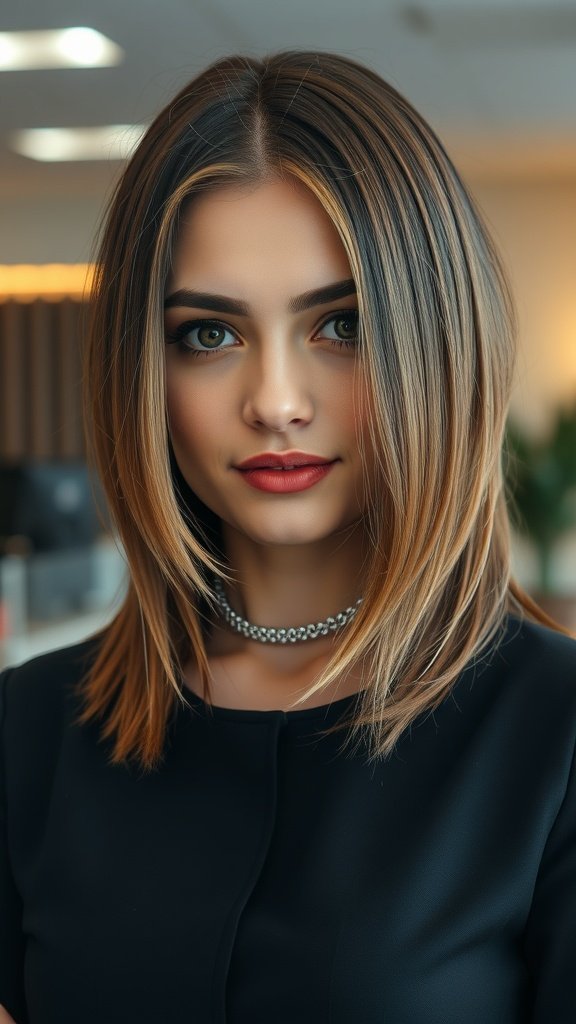 A woman with medium-length layered hair styled sleekly, showcasing a modern and polished look.