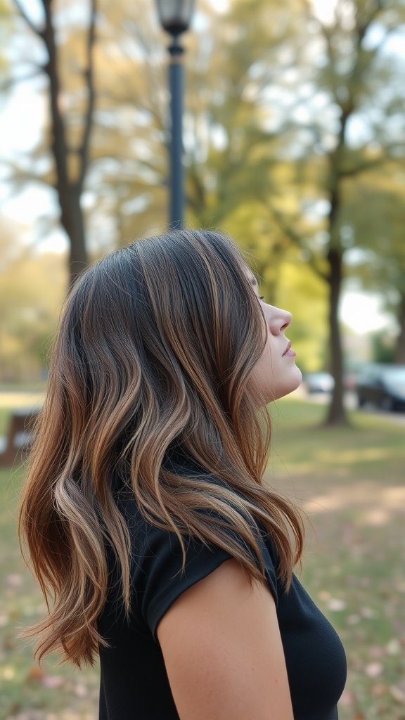 A woman with medium-length layered hair styled in subtle waves, standing outdoors with trees in the background.