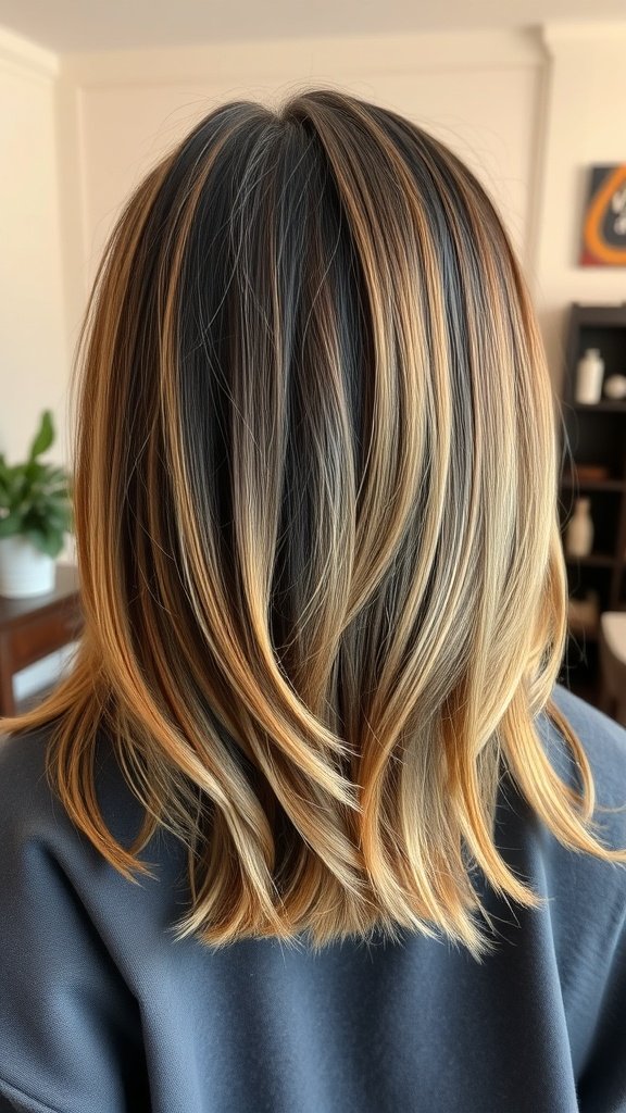 Medium-length layered hairstyle with a textured finish and blended colors