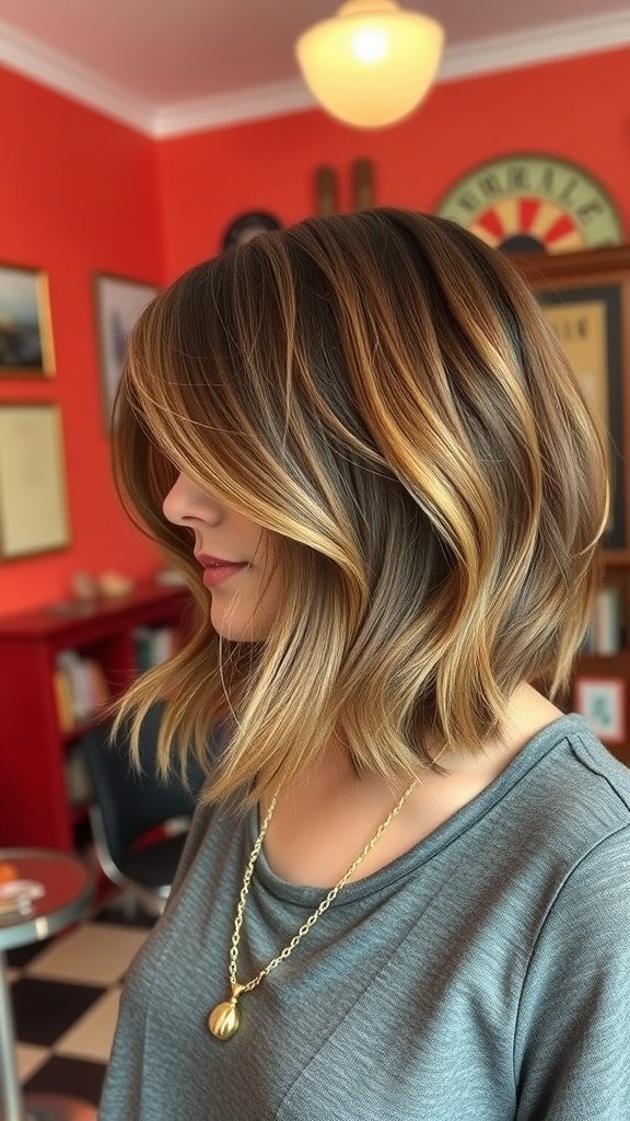A woman with medium-length layered hair styled with soft waves and highlights, wearing a gray top and a gold necklace, in a vintage-inspired setting.