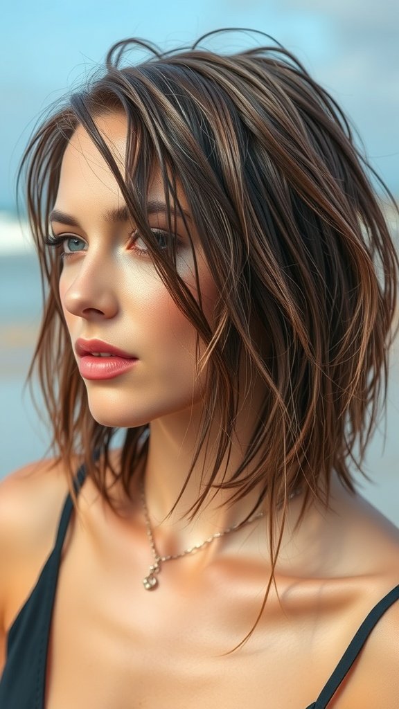A woman with medium-length layered hair styled in a wet look, showcasing glossy and tousled layers.