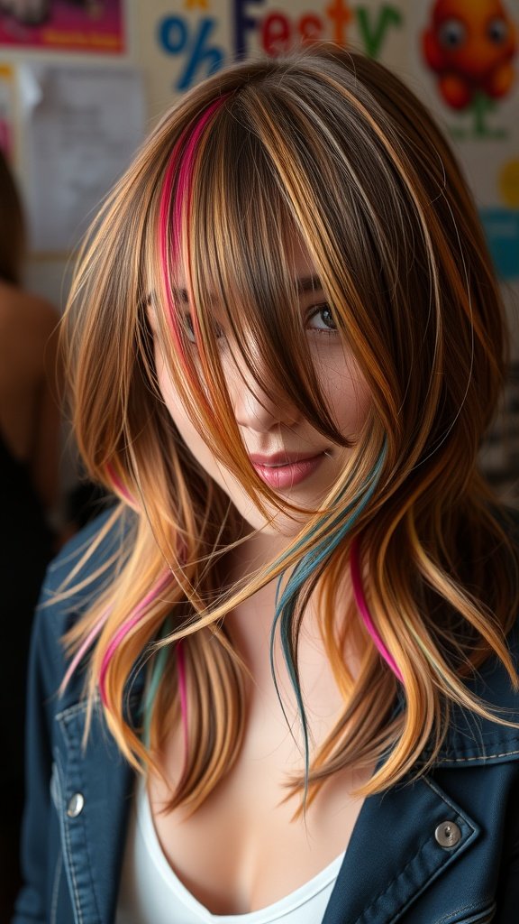 A woman with medium-length layered hair featuring colorful streaks of pink and blue.