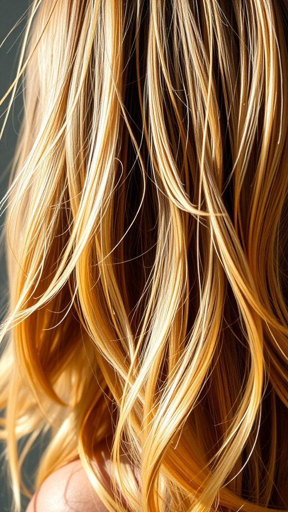 Medium-length layered hairstyle with highlights, showcasing beautiful waves and dimension.