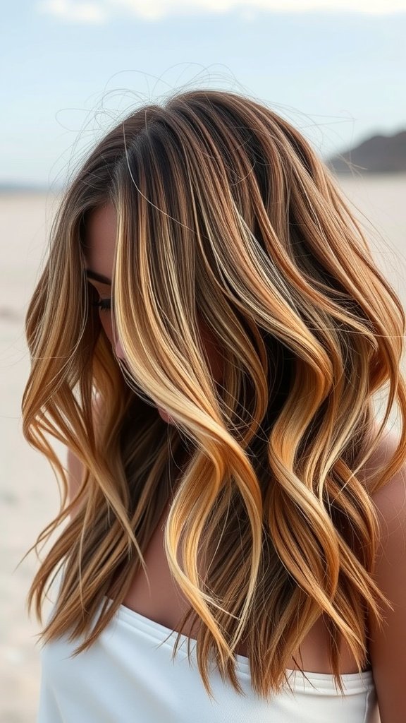 A woman with medium-length layered hair featuring a beautiful ombre effect, showcasing warm tones and flowing layers.