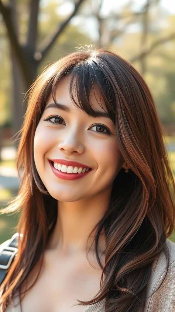 A woman with medium-length layered hair and side-swept bangs, smiling outdoors.