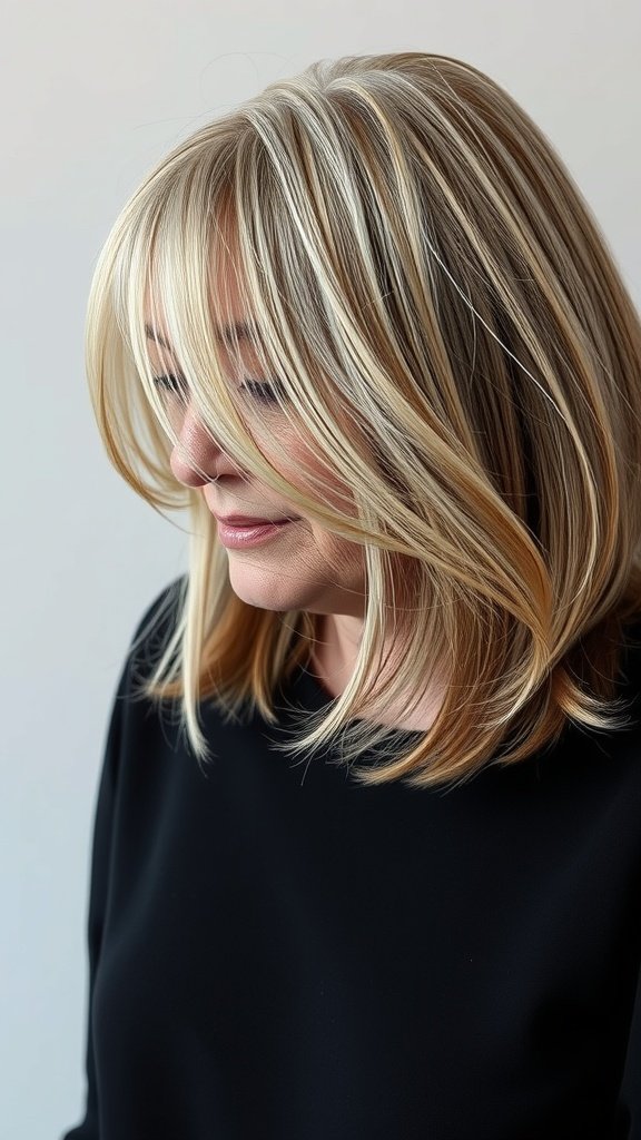 A woman with layered lob hairstyle, featuring soft highlights and a side profile view.