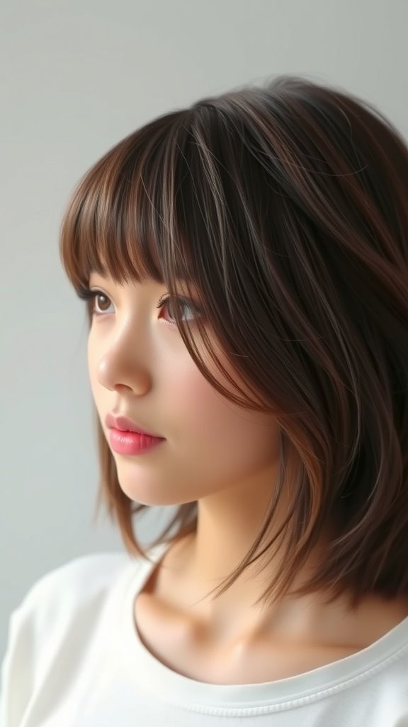 A young woman with layered medium-length hair and bangs, showcasing a stylish and modern look.