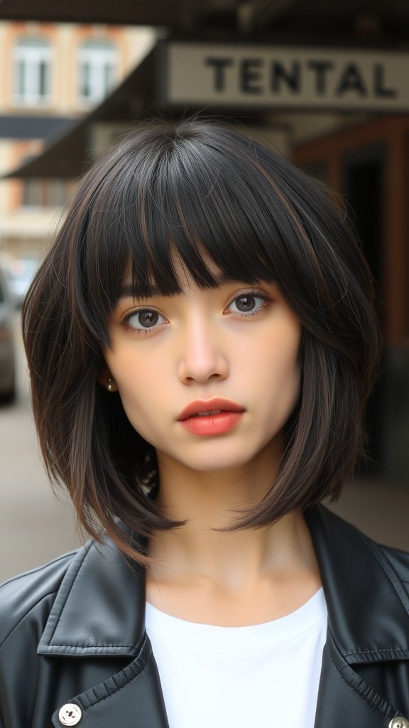 A model showcasing a layered shag hairstyle with fringe, wearing a leather jacket and a white top.