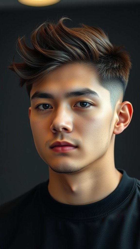 A young man with a layered top haircut and faded sides, showcasing a modern hairstyle.
