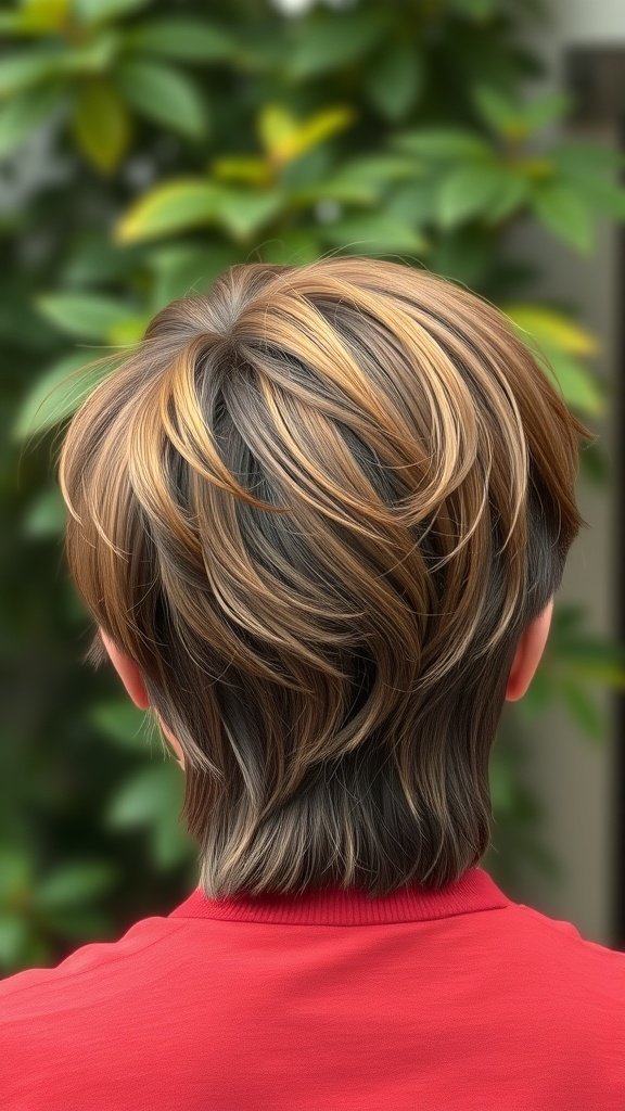 A stylish layered haircut with tapered sides, showcasing a mix of colors and textures.