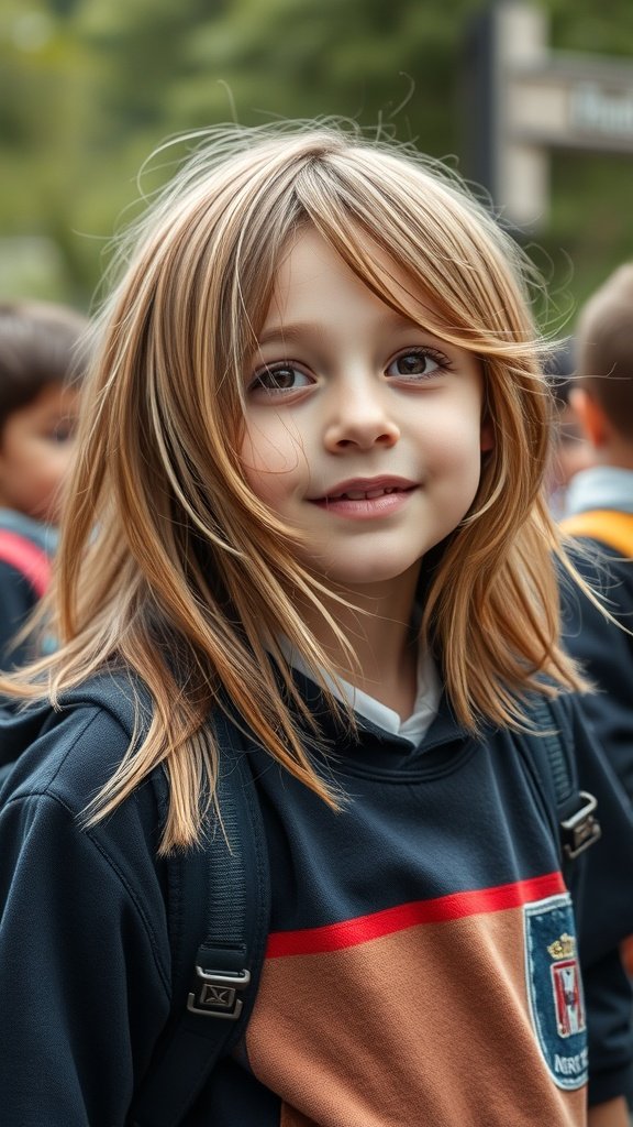 A young boy with long layered hair, smiling and wearing a school sweatshirt.