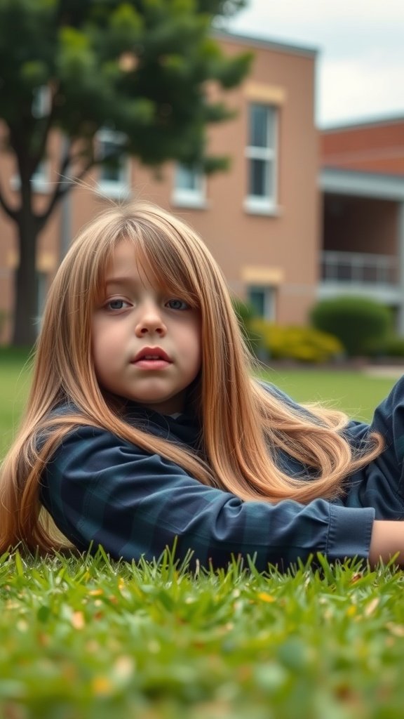 Child with long straight hair lying on grass
