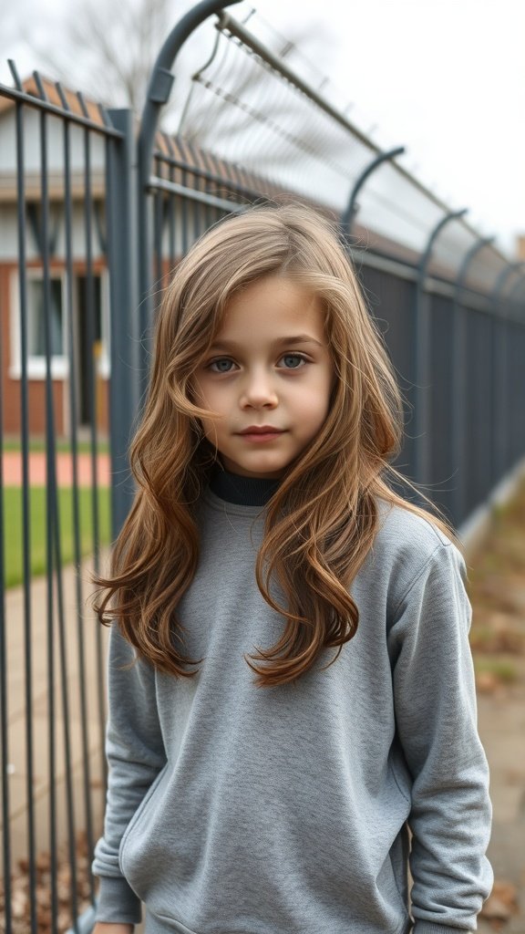 A boy with long, wavy hair wearing a gray sweatshirt, standing by a fence.
