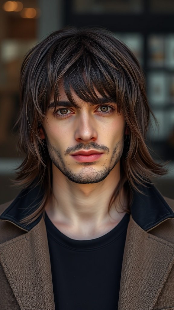 A man with long textured bangs, showcasing a stylish hairstyle for thick hair.